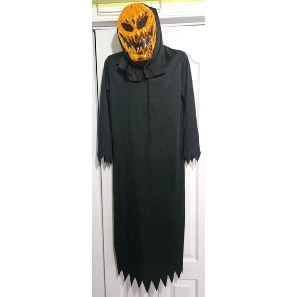 Kids Metallic Hooded Pumpkin Mask & Robe Jack O Lantern Halloween Evil Scary LG - Picture 1 of 3